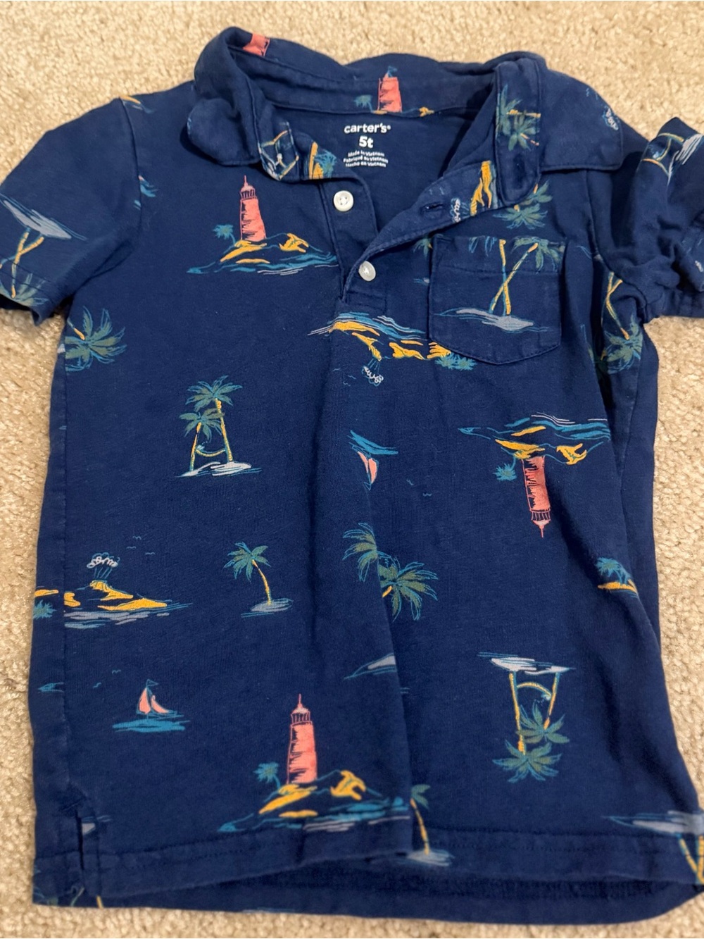 Carter's Navy Polo with Coral, Teal & Yellow Tropical Print